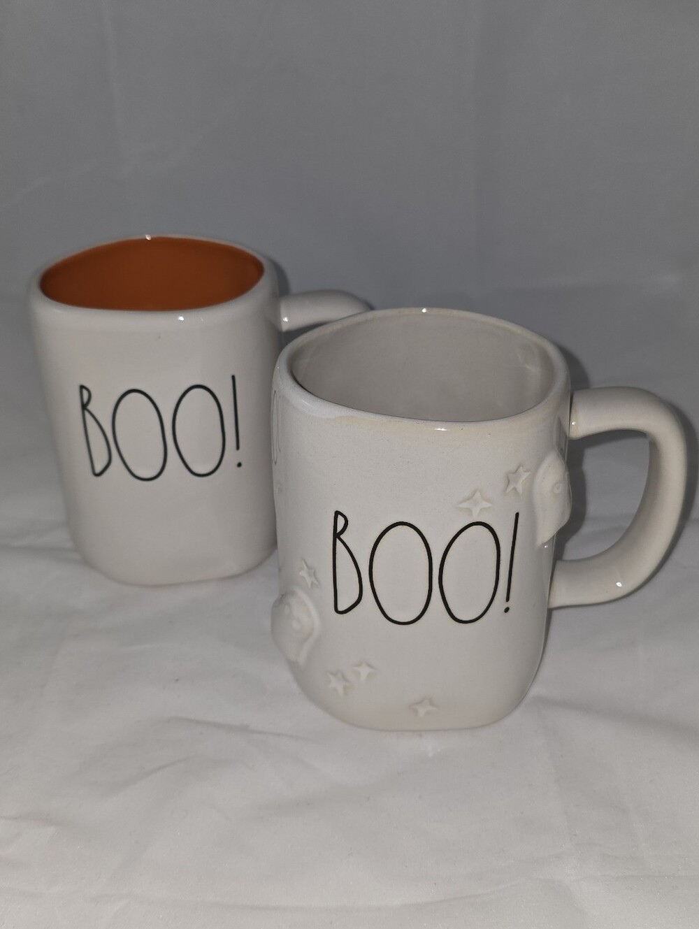BOO! 2 Ceramic Halloween Mugs - White with Orange Interior